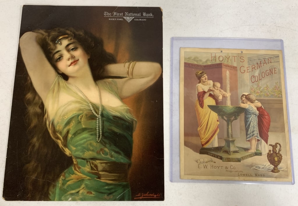 First National Bank Rocky Ford Colorado print on: cardboard and Hoyt's cologne advertisement; bank adv. Has creases and tears, Hoyt's piece was previously glued down