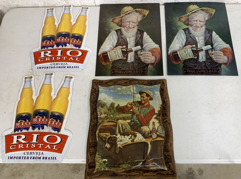5 Whiskey and Beer signs: some scratches; Falstaff sign has wrinkles in paper