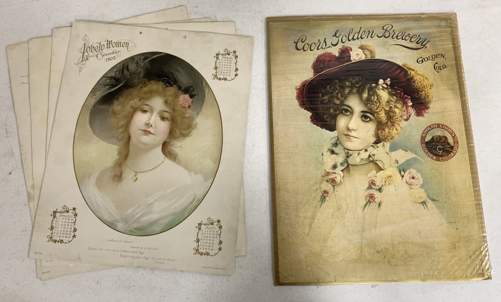 1903 Lovely Women calendar + Coors poster: calendar pages are no longer tied together and they have wear with staining and some tears