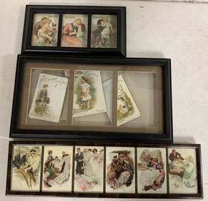 3 framed post card and trade card sets