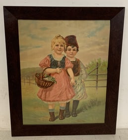 Framed Two Children w/ Coffee in a Basket Print