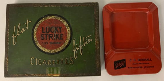 2 pcs- Lucky Strike Tin & Schlitz Ashtray