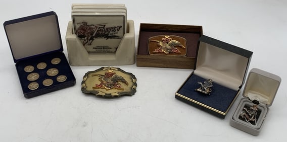 6 Anheuser Busch pcs- Buttons, Coasters, others