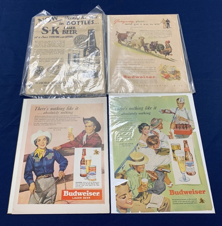 50+ Anheuser Busch/Budweiser Magazine Ads: vintage, some other breweries, mostly from magazines and newspapers, some with wear and age, some tears
