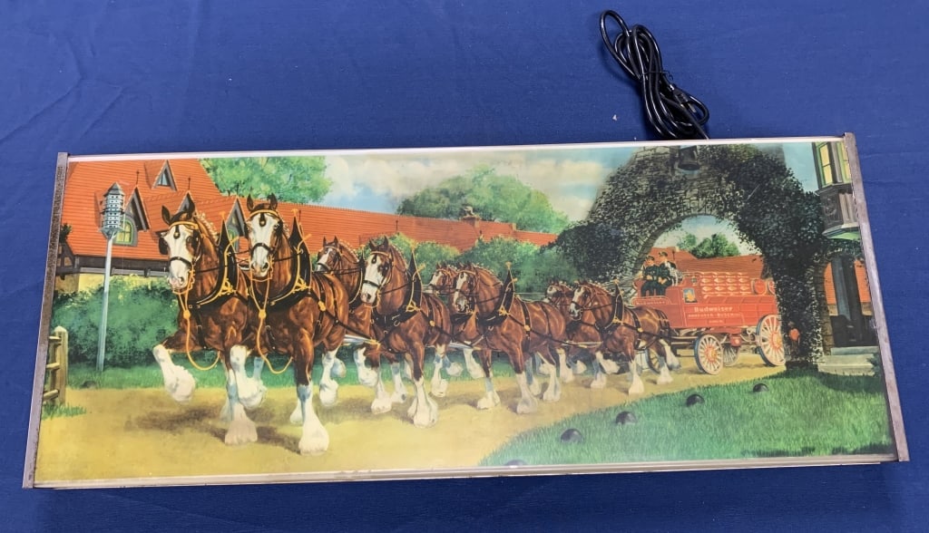 Two Sided Budweiser Light Up Sign: couple of bulbs light up when plugged in, rust on top, wear on edges and sides, plastic has some aged look, Budweiser side is badly faded