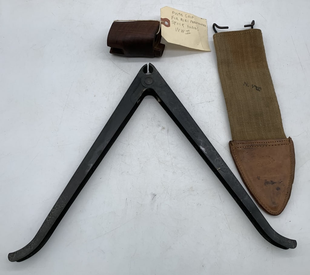 lot of 3 Colts Bipod, Pistol Grip, Knife Sheath: sheath stamped Brauer Bros. 1918, pistol grip is wooden and has wear