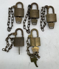 lot of 5 American Padlocks w/ Keys & Chains