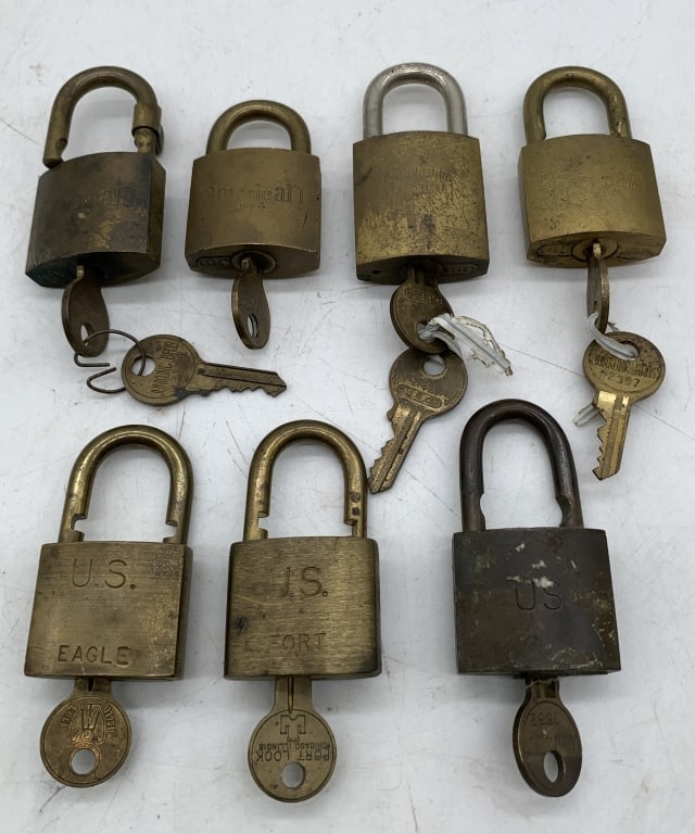 lot of 7 American, Eagle Padlocks & others: all with keys, untested, some just marked USA, all with age and wear