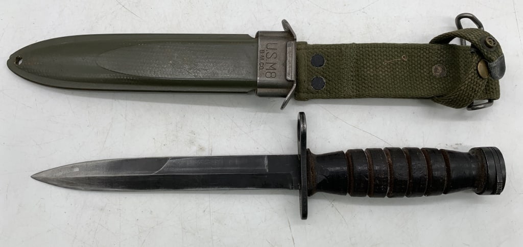 USM8 Bayonet w/ Scabbard: sheath marked USM8 BM CO. but bayonette is not marked, both with wear and age