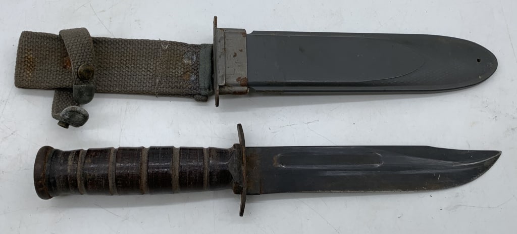 Military Bayonet w/ Scabbard: scabbard marked USN MK2, wooden grip, wear and age