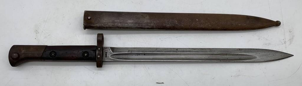 Military Bayonet w/ Scabbard: knife stamped CSZ D E26, wooden hand grip, scabbard is metal, wear and age