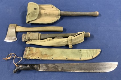 4 U.S. Military Pcs- Machete, Ax, Pick, Shovel