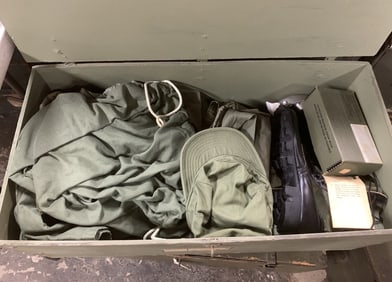 Military Foot Locker w/ clothing, boots, others