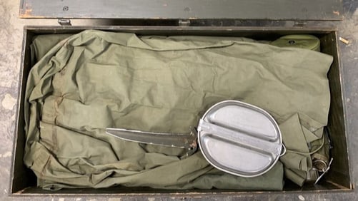 Military Foot Locker w/ tent, boots, towels, etc.