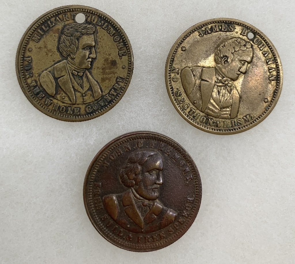 1856 Fillmore, Buchanan & Fremont Cam. Medal: 1-1/16" dia. Fremont DeWitt 1856-8, VF.