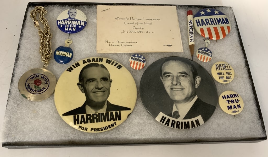 1952 Harriman Hopeful Collection.: 12 total. 7 buttons, 2 tabs, pencil, bracelet & "Women For Harriman" card. Fine to Exc.