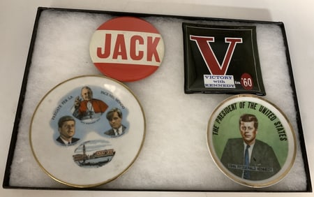 1960s John F Kennedy Ash Trays & "Jack" Button.