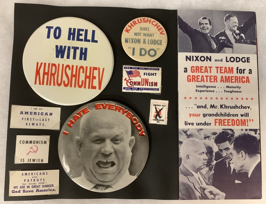 1960 Nixon Anti-Khrushchev Anti-Communism Collecti: Nine pieces inc. buttons, stickers, back off pamphlet for Wisconsin Gov. including image of the Kitchen Sink debate.