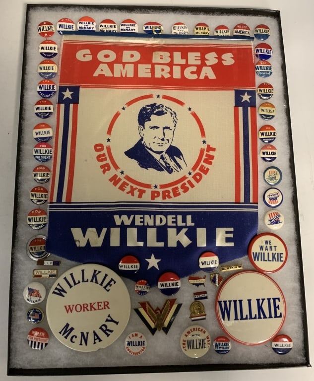 1940 Willkie 53 Campaign Items,Buttons & 12" Tall: Largest button 3.5" dia. VF to Exc.
