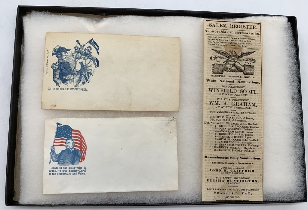 1852 Winfield Scott Letter Salem, MA Newspaper Bal: 5.25" wide. 7.5" ballot. Bottom envelope has no back flap and mounting remnants on verso.