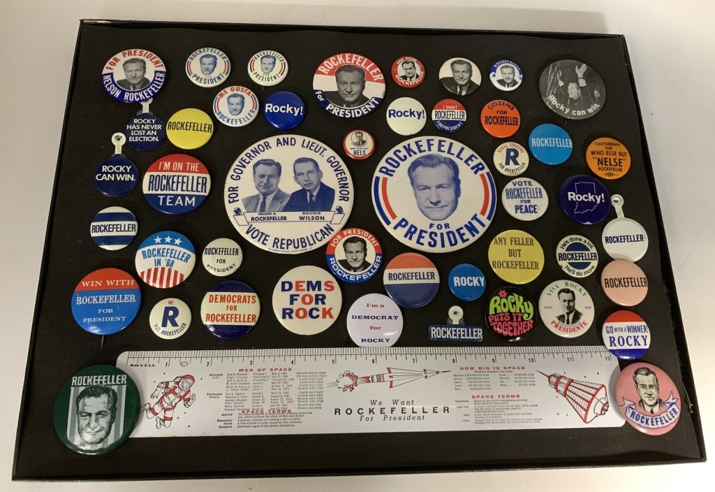 1950s-1960s Nelson Rockefeller Presidential Hopefu: 48 total; 43 buttons, 4 tabs & 1 metal ruler.
