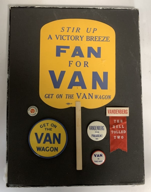 1948 Arthur Vandenberg Presidential Hopefuls: 6 total; 4 buttons, ribbon badge & convention fan.