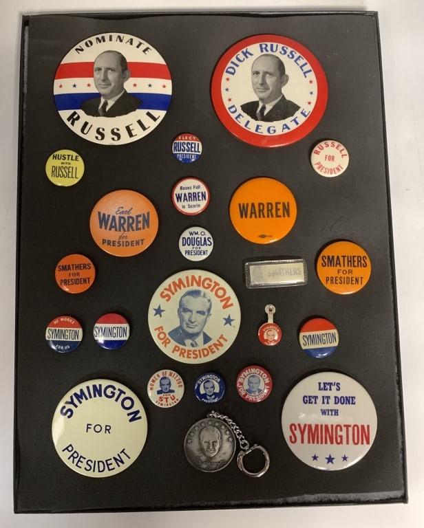 1940s-1950s Presidential Hopefuls Russell, Warren,: 24 toal; 21 buttons, 1 flasher, 1 key badge, 1 tab.
