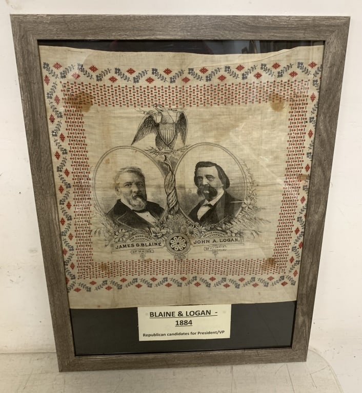 1884 Blaine & Logan Jugate Cotton Bandana.: 17.5x19" bandana. Six likely glue stains. Unique printing error affecting Logan portrait and "Illinois". Bright colors in the border.