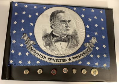 1896 McKinley Silk Campaign Portrait Flag & Button