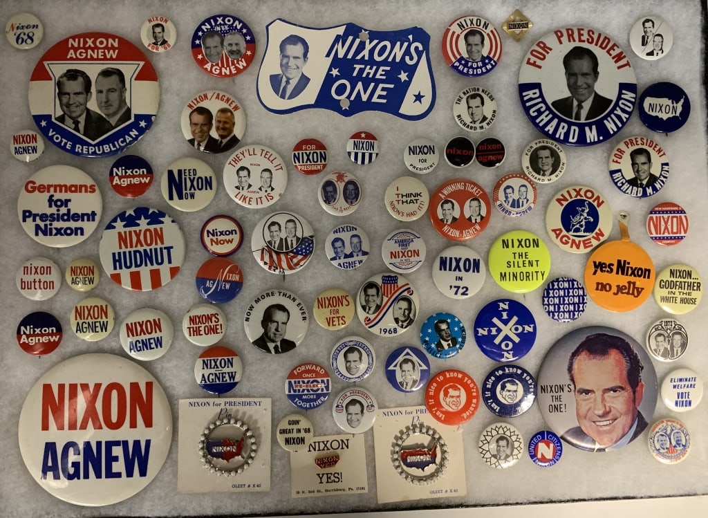 1968-1972 Nixon 64 Presidential Campaign Buttons: 70 total; 6 misc including 3 pins on cards. 64 buttons.