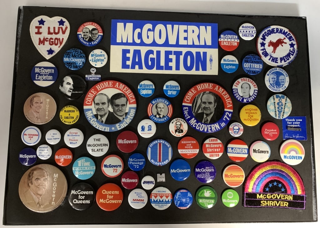 1972 McGovern including VP Running Mates: 61 total; 54 buttons, 3 cloth patches and 4 misc.