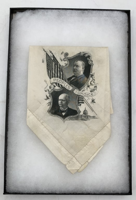 1892 Cleveland & Stevenson Us Jugate Silk Kerchief: 26x36" when unfolded. "People's Choice" slogan in banner between ornately farmed portrait os candidates. Folds and minor age.