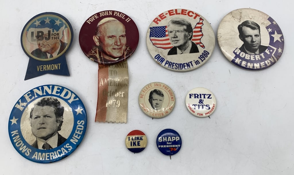 9 Presidential & Pope Pins: Reagan, Kennedy, Carter, LBJ, Ike, others, age and some wear, some rust on the backs