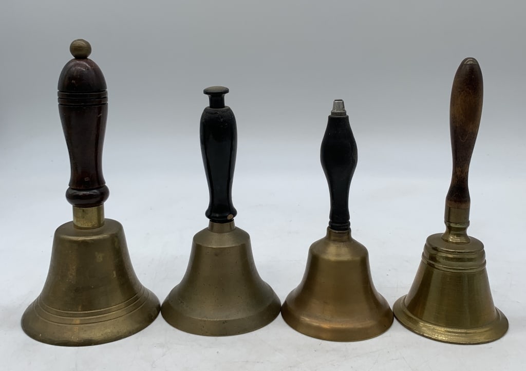 lot of 4 Hand Bells: all seem brass, heavy, wooden handles have wear, no names or markings