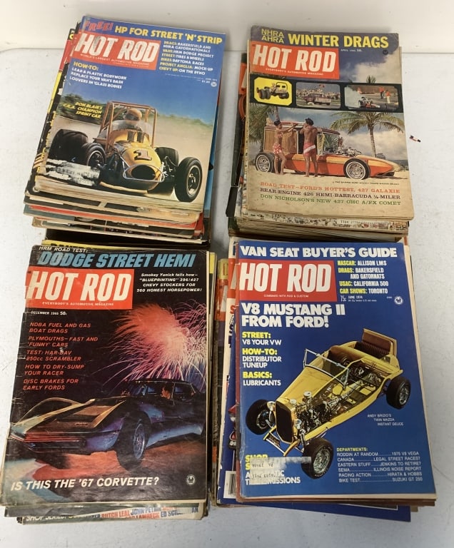 60+ 1960's-70's Hot Rod Magazine issues: all show wear with yellowing pages, some creases , tears and separated covers; parts of mailing labels still attached