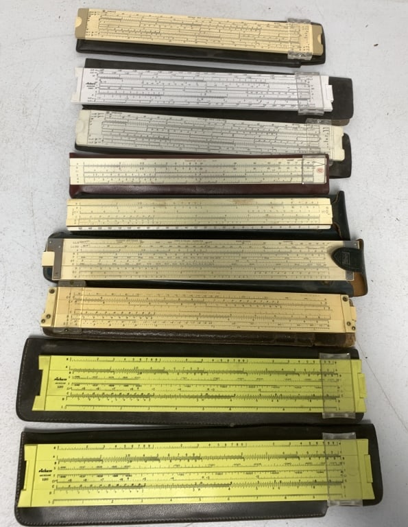 9 slide rules; Pickett, Post, Dietzgen, K&E, Sterl (1 of 4)