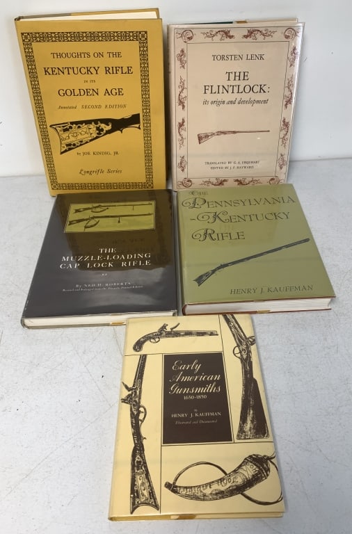 5 Gun Books-Flintlock, Muzzle Loading others: Early American Gunsmiths, Kentucky Rifle, Pennsylvania Kentucky Rifle, light use on all