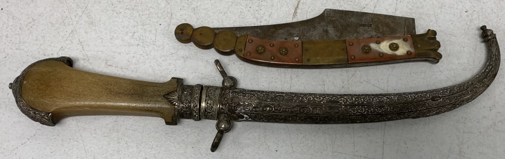 2 pcs-Valera Zaragoza Folding Daggard, other: dagger w/ scabbard has some sort of markings on the blade near the handle, both have wear, use, tarnish