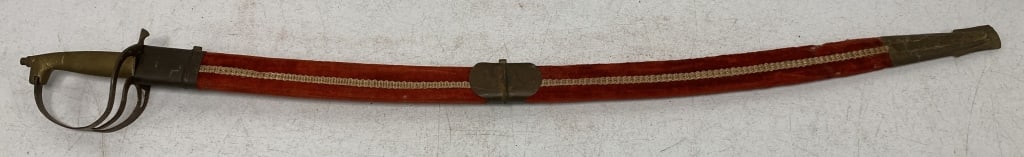 Ceremonial Sword & Scabbard: marked made in India on blade, some sort of ornamenal design on blade, handle has some wear and tarnish, scabbard has wear on cloth