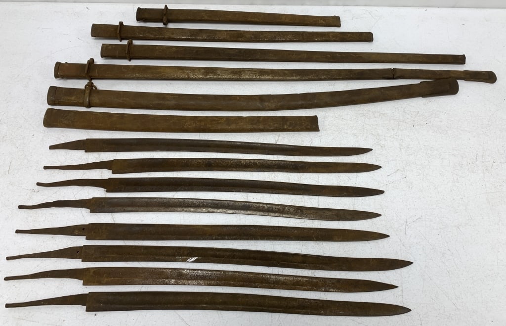 lot of 14 Sword Blades & Scabbards: no names or markings, lots of rust