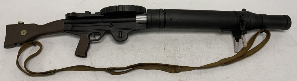 WWI Savage Lewis machine gun wooden replica: has wear and damage; has seaparated in middle and needs repair; requires third party shipping