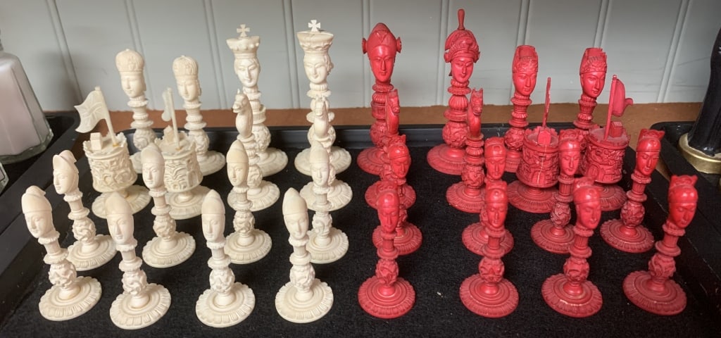 Macao pattern antique bone? chess set;: bone ? ,some cracks some glued repairs- China