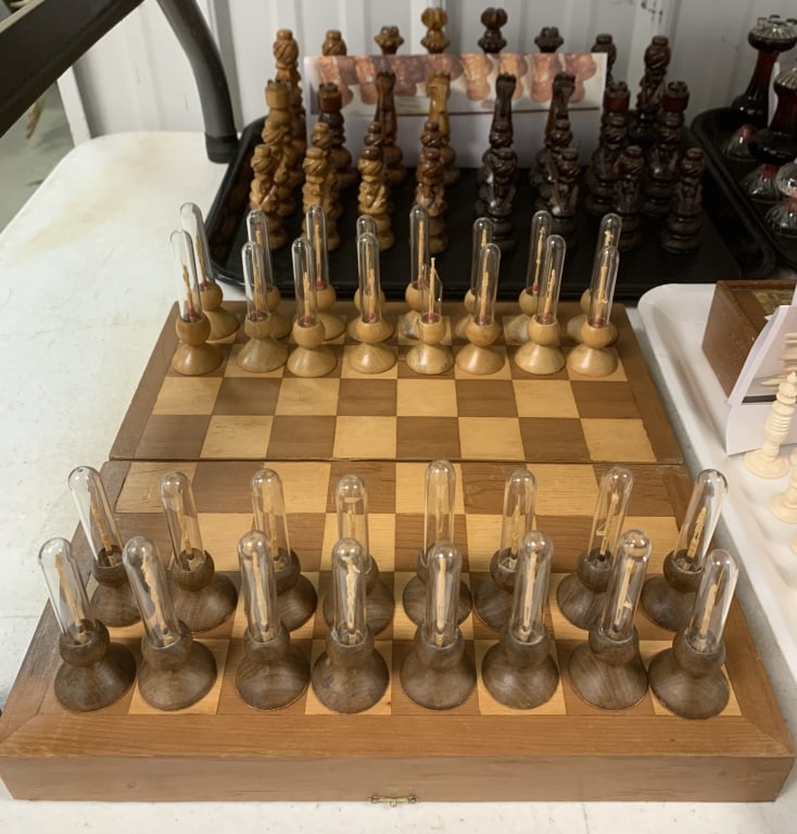 Carved wooden matchstick chess set w/board; (1 of 4)
