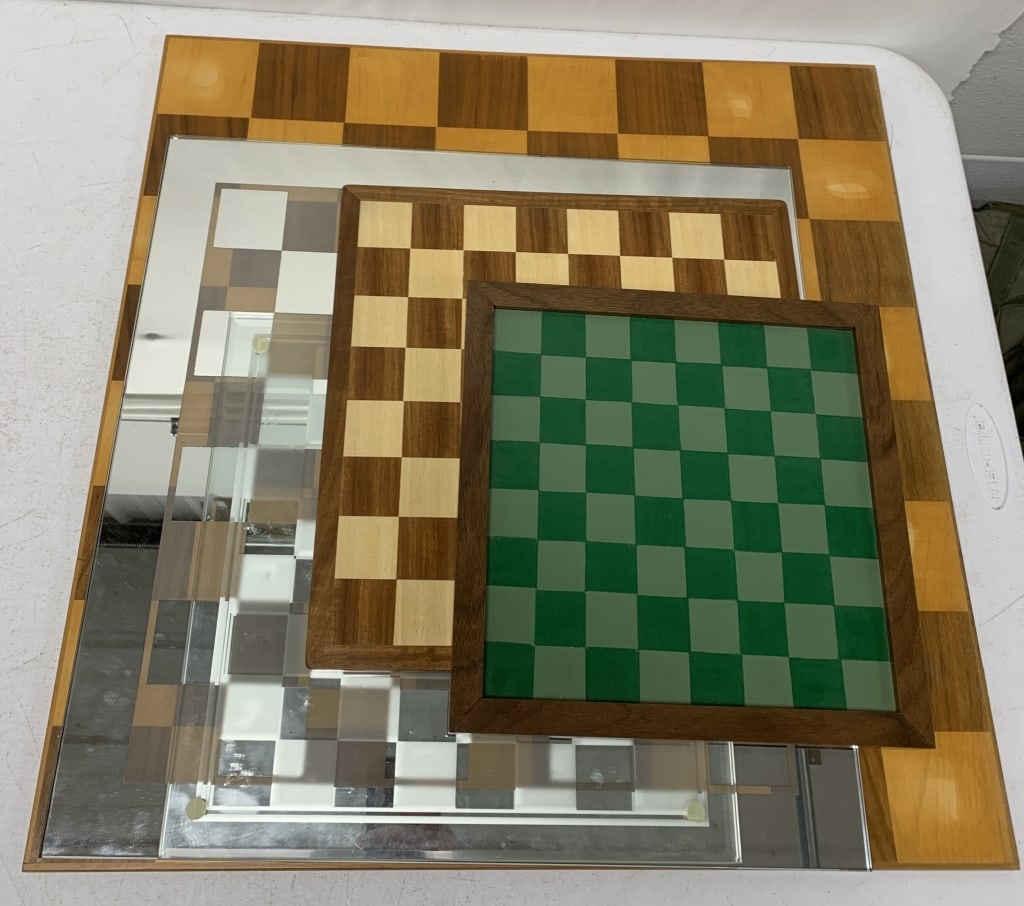 5 chessboards wood and glass;: show some wear