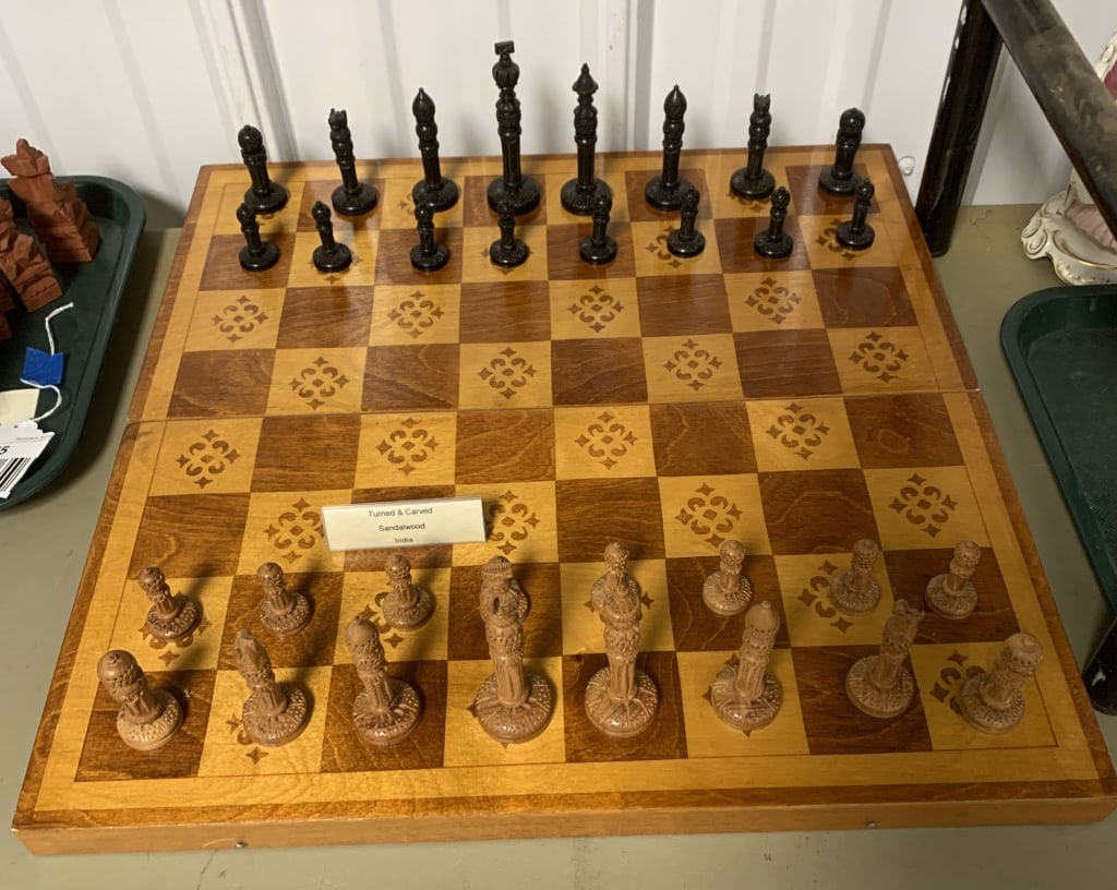 Indian sandalwood chess set w/board (1 of 3)