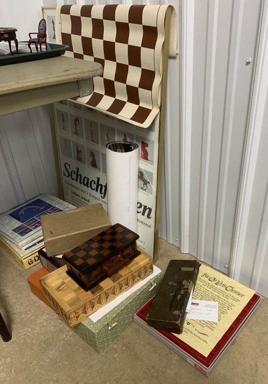 lot of chess piece empty boxes, posters, books, et (1 of 2)
