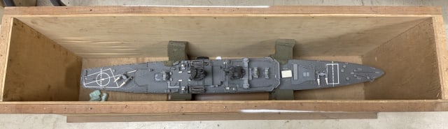 ship model in shipping crate, no lid: crate is 15 1/2" tall x 9 1/2" wide x 38 1/4" long; appears to have some damage and missing parts
