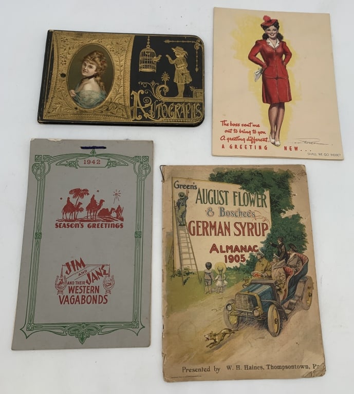 autograph book,almanac,card and calendar: all show wear,autograph book is unused
