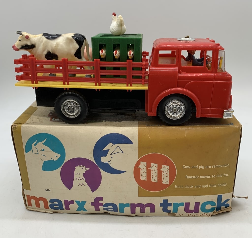 Marx Farm truck w/ box: has wear with scratches and paint loss; glue is browning and small tricky wheel is misshapen from heat; box has wear and some damage