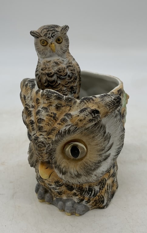 owl head figural shaving mug and brush: shows wear